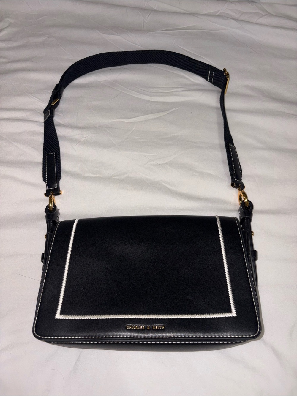 Black Crossbody Shoulder Bag with White Trim